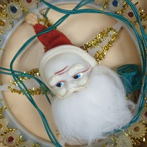 Vtg Retro Santa Face Blinking Lights Christmas Tinsle Wreath Wall Plaque WORKS